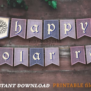May include: A decorative banner featuring two rows of pennants with a purple and blue striped pattern. The top row spells out happy with a sun icon on the left and a moon icon on the right. The bottom row displays the text SOLAR RE in a serif font.