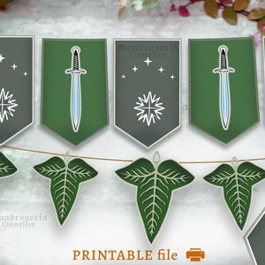 May include: Printable banner featuring green leaves and grey shields with white stars and a sword design. The text "Mandragoria Onnelier" appears on two of the shields.