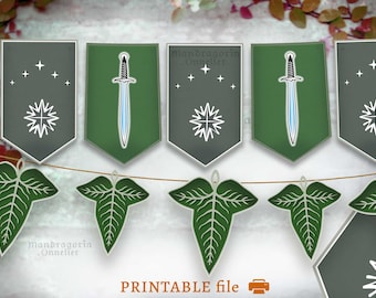 Medieval fantasy garland, PRINTABLE  DIY wall decoration, Ivy sword and star decor, Hobbitcore party download, Cottagecore bunting banner,