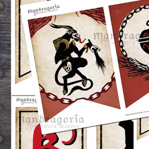 May include: A set of decorative paper pennants featuring illustrations of Krampus and a bell. The Krampus figure is black with horns and a long tongue, holding a bundle of sticks. The bell is black with red accents inside a chain border.