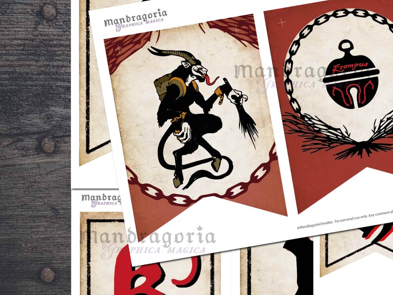 May include: A set of decorative paper pennants featuring illustrations of Krampus and a bell. The Krampus figure is black with horns and a long tongue, holding a bundle of sticks. The bell is black with red accents inside a chain border.