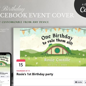 May include: Facebook event cover template with a green, brown, and blue illustration of a hobbit hole with the text "One Birthday to rule them all!" and the date "02/15/2024". The text "Rosie Castille" is below the illustration. The text "Rosie's 1st Birthday party" is below the date.