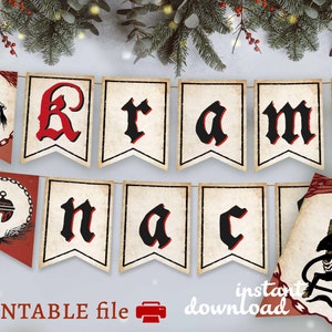 May include: A printable banner set featuring off-white pennants with black and red gothic lettering spelling KRAMPUSNACHT. The design includes illustrations of a horned Krampus figure and a bell icon on red and cream-colored decorative flags.