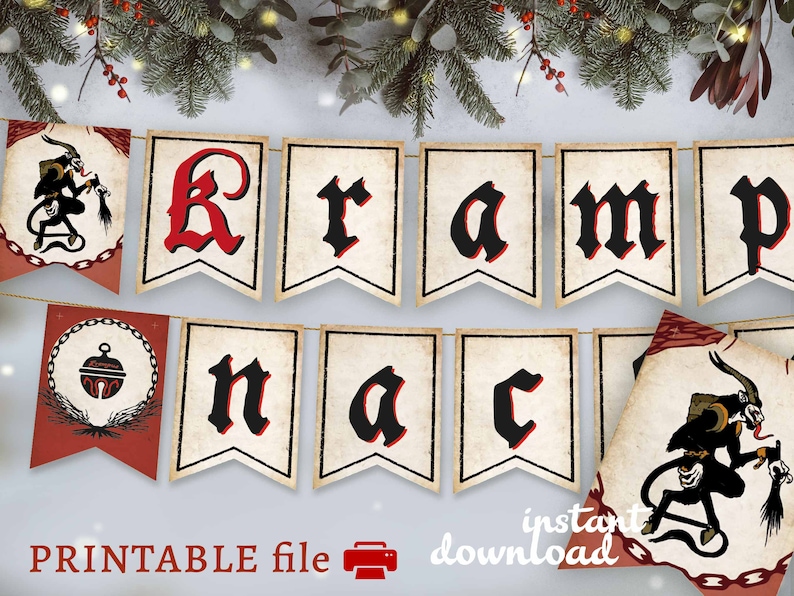 May include: A printable banner set featuring off-white pennants with black and red gothic lettering spelling KRAMPUSNACHT. The design includes illustrations of a horned Krampus figure and a bell icon on red and cream-colored decorative flags.