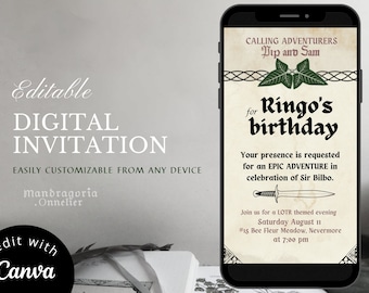 Epic fantasy invitation, CUSTOMIZABLE party download, easy edit smartphone evite, fantasy birthday, iphone medieval invite, Hobbitcore party