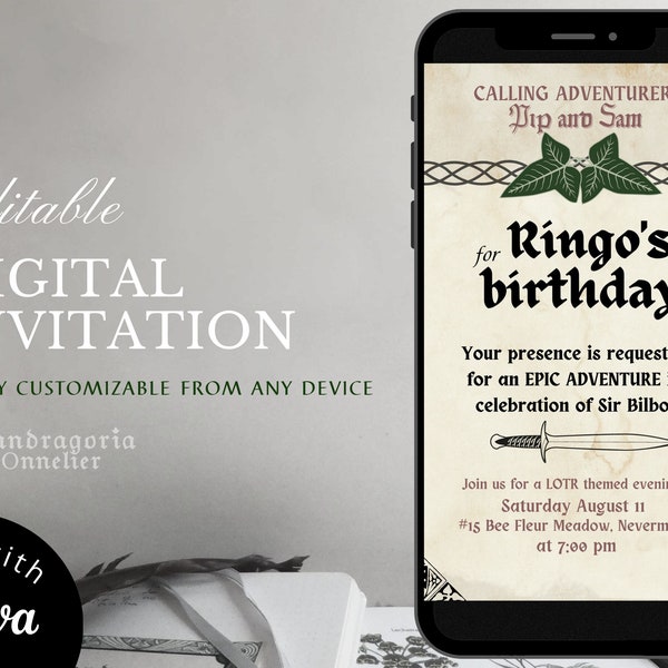 Epic fantasy invitation, CUSTOMIZABLE party download, easy edit smartphone evite, fantasy birthday, iphone medieval invite, Hobbitcore party