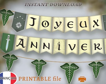 fantaisie anniversaire,  hobbitcore birthday banner in french,  INSTANT DOWNLOAD medieval party printable garland, fantasy themed birthday