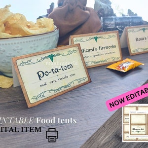 Carpas de comida de fantasía editables e imprimibles, etiquetas de comida para fiesta hobbitcore con DESCARGA INSTANTÁNEA, actividades mágicas para fiestas DIY, cumpleaños de elfos de hadas