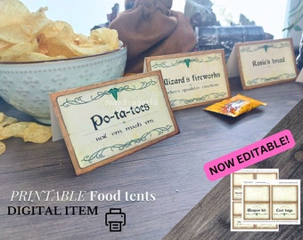 Fantasy Editable and Printable food tents, INSTANT DOWNLOAD hobbitcore party food labels, DIY magical party activities, fairy elven birthday