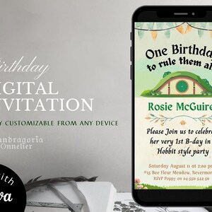 Baby 1st birthday, CUSTOMIZABLE evite, cute fantasy invitation, Hobbitcore party,  editable digital invite