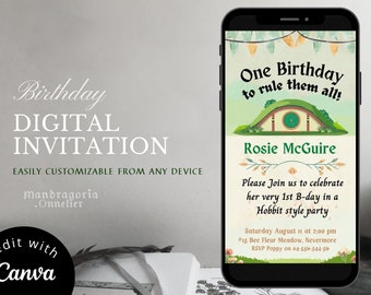 Baby 1st birthday, CUSTOMIZABLE evite, cute fantasy invitation, Hobbitcore party,  editable digital invite
