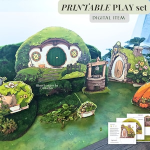 Printable Hobbitcore-Themed diorama, Set for game and decoration - DIY paper scene activity,  Print at home kids game, fantasy doll stage