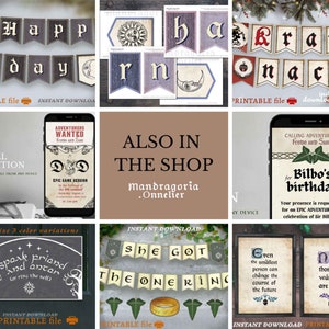 May include: A collection of printable digital party decorations including banners with celestial motifs, Dungeons and Dragons themed invitations, and wall art featuring literary quotes, all presented in a grid layout with various text designs.