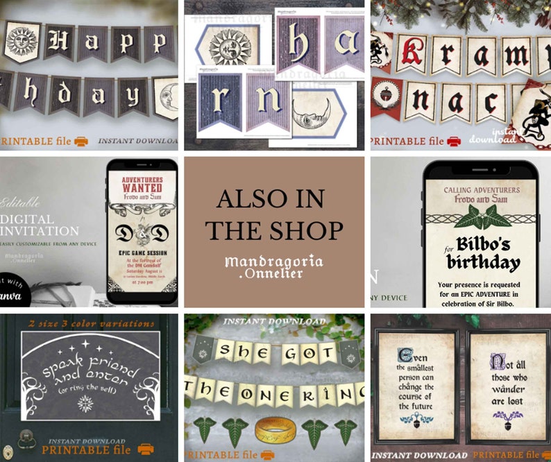 May include: A collection of printable digital party decorations including banners with celestial motifs, Dungeons and Dragons themed invitations, and wall art featuring literary quotes, all presented in a grid layout with various text designs.