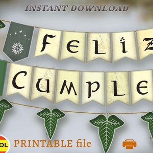 以下が含まれることがあります： スペイン語で「Feliz Cumpleaños」と書かれた、ファンシーなフォントの印刷可能なバナー。バナーは緑の葉と剣で飾られています。「印刷可能なファイル」と「Español」のテキストも含まれています。