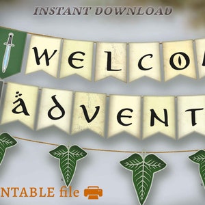 Welcome adventurers Banner, printable epic medieval adventure decor, fantasy theme party, game night, hobbitcore, larp bday, d&d birthday