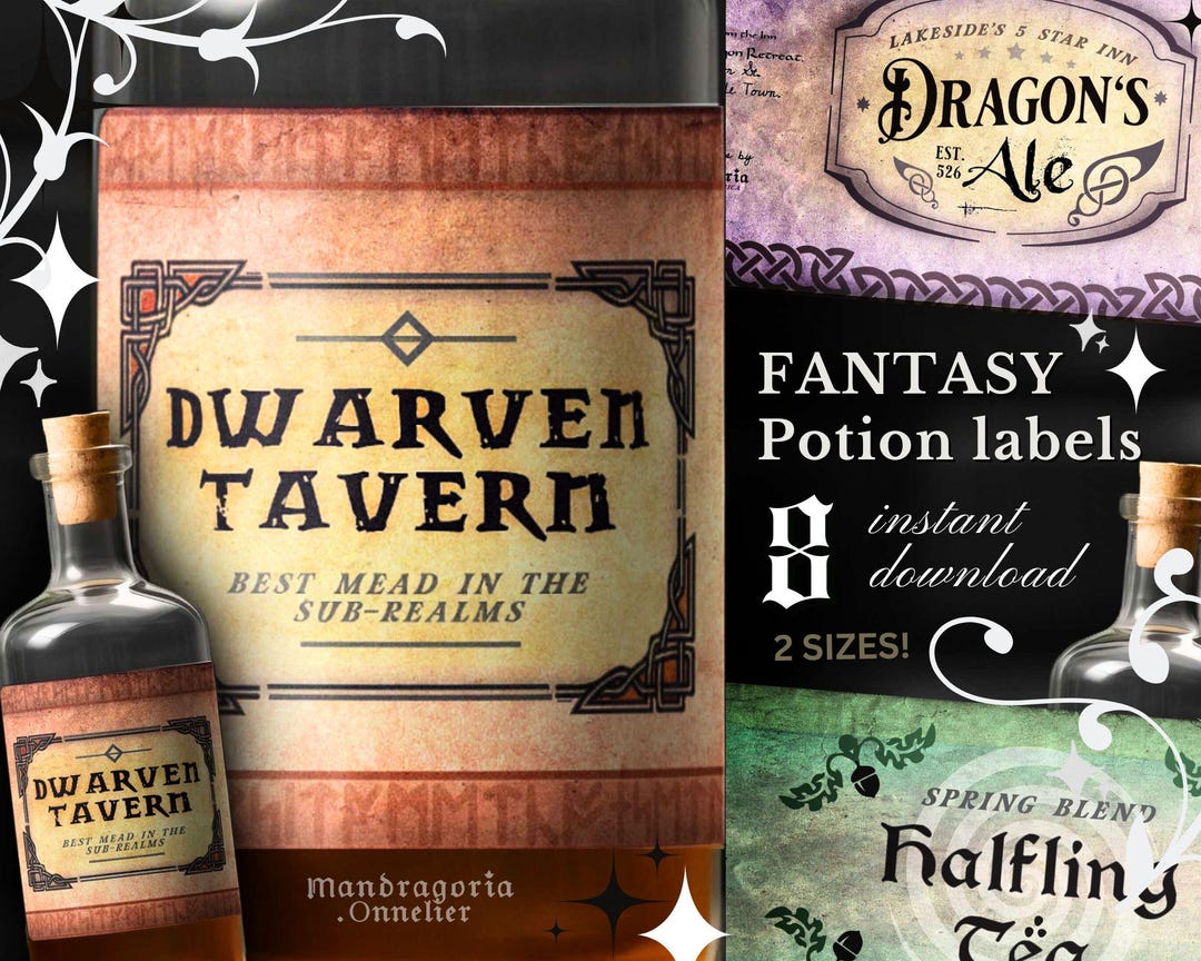 Fantasy Labels for Party Drinks or Decorative Potions, 8 Medieval ...