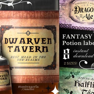 Fantasy labels for party drinks or decorative potions, 8 Medieval fantasy themed designs  for Game or magical night, INSTANT DOWNLOAD
