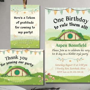 PRINTABLE fantasy Baby suite, 1st birthday: Invitation Thank you card and Party favor tag, cute Hobbitcore made to order invite.