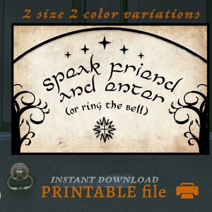 Speak friend and enter art, INSTANT DOWNLOAD printable door sign, hobbitcore door download, PRINT at home fantasy theme party entrance