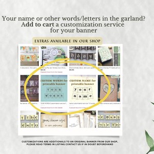 May include: A digital display showing multiple product listings for printable banners. A yellow oval highlights two specific options labeled Custom words for printable banner and Custom name for printable banner with text examples.