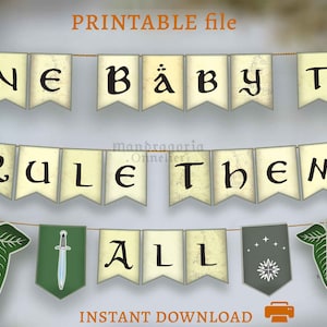 One Baby to Rule them All, Hobbitcore-Baby-Dusche-Banner, DRUCKBAR 1st bday Mittelalter-Party, DOWNLOAD epische Themen Dekor für Baby Feier
