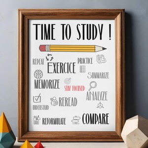 Peut inclure: Une affiche encadrée avec le texte "TIME TO STUDY!" et des conseils d'étude. Un crayon jaune est au-dessus du texte. Les conseils d'étude incluent "Répéter", "Exercer", "Mémoriser", "Comprendre", "Relire", "Reformuler", "Pratiquer", "Résumer", "Analyser" et "Comparer".