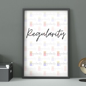 Puede incluir: Una impresión enmarcada con la palabra "Regularity" en una fuente elegante. El fondo presenta un patrón repetido de la palabra "Regularity" en varios colores, incluyendo rojo, amarillo y azul. El marco es negro.