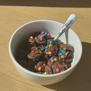 May include: A white ceramic bowl filled with chocolate cookies topped with colorful candies. A silver spoon rests inside the bowl. The bowl sits on a light brown wooden surface, with sunlight casting shadows.
