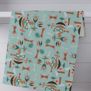 Mid Century Tea Towel, Tiki Kitchen Towel, Blue and Orange Dish Towel, Tiki Bar Gift, Retro 1950s Decor, Tropical Island MCM Mid Mod Gift