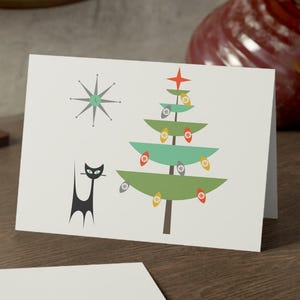 Christmas Cards Retro Mid Century Modern Atomic Cat Christmas Tree Starburst 50s Inspired Vintage Holiday Style Unique Festive Greeting Card