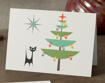 Weihnachtskarten Retro Mid Century Modern Atomic Cat Weihnachtsbaum Starburst 50er Jahre inspiriert Vintage Urlaubsstil Einzigartige Festliche Grußkarte