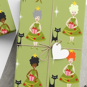 Christmas Wrapping Paper Retro Mid Century Modern Atomic Cat Holiday Gift Wrap MCM Cute Women in Tree Dress Vintage Style Present for Her