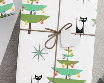 Holiday Gift Mid Century Modern Christmas Wrapping Paper, Retro Atomic Cat Gift Wrap, Vintage Tree & Starburst Holiday Gift Wrap