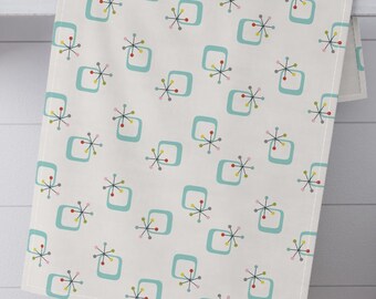 Mid Century Modern Kitchen Towel, Atomic Starburst Tea Towel, Dish Towel, Mid Mod MCM, Birthday Gift, 1960s Kitchen Decor, Turquoise, 1950s