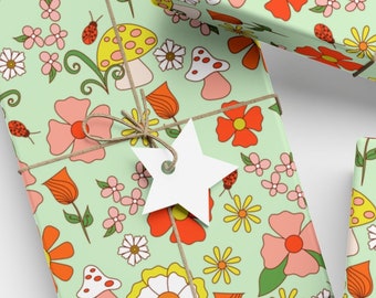 Mushroom Wrapping Paper, Floral Gift Wrap, 70s Flower Power, Enchanted Forest, Fairy, Mushrooms, Birthday, Kid&#39;s Girls, Green, Orange, 60s