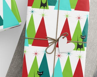 Holiday Gift Mid Century Christmas Wrapping Paper, Retro Atomic Cat Gift Wrap, 1950s Vintage Holiday Mid Century Modern Design