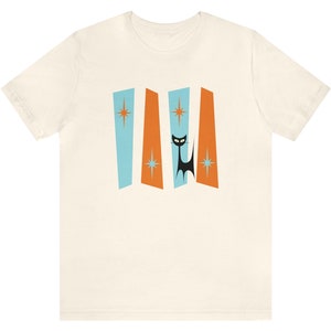 Atomic Cat T-Shirt, Mid Century Modern Tee, Men&#39;s, Women&#39;s, Retro Kitty, MCM Christmas Gift for Her, Birthday Present, 50s Atomic Starburst
