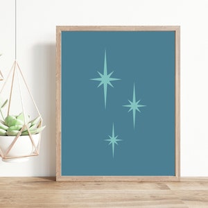 Teal Atomic Starburst Art, Blue Mid Century Modern Print, Minimalist Retro Poster