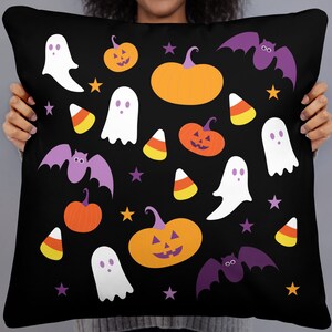 Bonita almohada de Halloween para niños, almohada decorativa de calabaza, almohada decorativa de otoño, fantasmas, caramelos de maíz, murciélagos, negro, naranja, morado, decoración de sala de estar