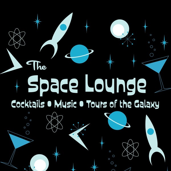 Cocktail Bar Sign Print, Space Age Mid Century Modern Lounge, Retro MCM Atomic Art, Rocket Ship, Home Bar, Dining Room, Kitchen, Living Room