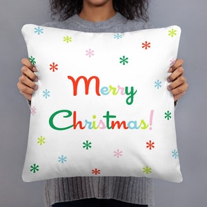 Christmas Throw Pillow, Merry Christmas Accent Pillow, Retro, Mid-Century Modern Atomic, Colorful Christmas Decor, Rainbow, Pink, Lime Green