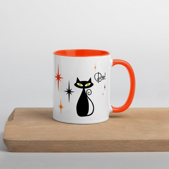 Black Cat Halloween Mug, Retro Mid Century Modern Atomic Cat Halloween Coffee Cup, Orange, MCM, Starburst, Fall, Autumn Gift, Pumpkin Spice