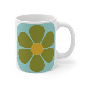 Daisy Mug, Retro Mug, 1960s Coffee Cup, 1970s Mug, Mod Coffee Mug, Blue and Green Vintage Style Flower Power, Birthday Gift, Hippie, MCM