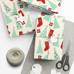 Wrapping Paper, Retro Mid Century Modern Christmas Gift Wrap, Atomic Starburst Vintage Style, Mint Green & Red, Stockings Trees Design