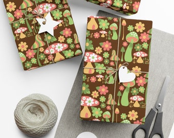 Mushroom Wrapping Paper, Brown 70s Gift Wrap, Retro Birthday, 60s Groovy, Floral, Flower Power, Mushroom House Fairy Home