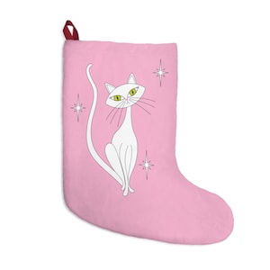 Pink Christmas Stocking Atomic Cat Mid-Century Modern Kitty, White Cat, Pastel Holiday Decor, for Woman, Girl, Teen, Gift, Retro Starburst