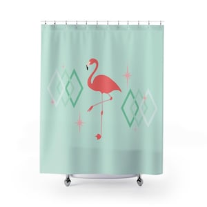 Flamingo Shower Curtain, Mid Century Modern Tropical Bathroom Decor, Retro Summer Vibes, Fun Home Accessory for Beach Lover, Cute Bath Decor