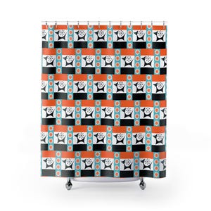 Cortina de chuveiro Atomic Cat - Decoração de banheiro estilo gatinho preto retrô de meados do século, anos 1950 e 1960, preto, branco, azul e laranja, Atomic Starburst, MCM