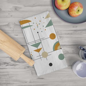 Mid Century Tea Towel, Modern Art Kitchen Towel, Retro Craftsman Dish Towel, Atomic, Bahaus, Neutral, Sage Green, Mustard Yellow Gold, Gift